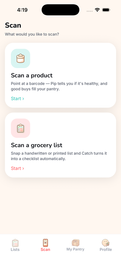 The scan screen in Catch