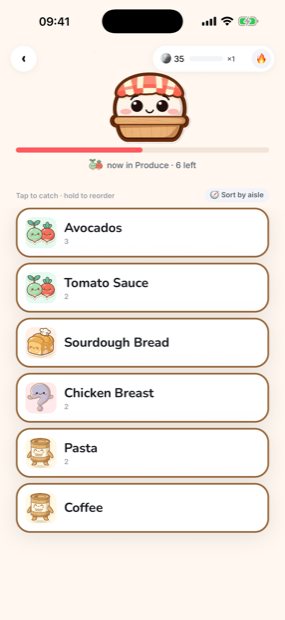 The Catch Cart Run: Pip above a progress bar reading now in Produce, six left, with chunky food tiles below
